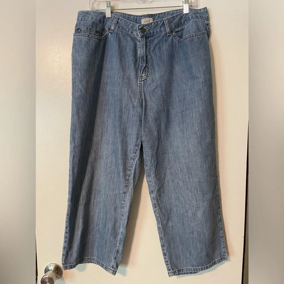 LL Bean Cropped Wide Leg 5 Pocket Pima Cotton Blend Jeans Size 16 Regular - Picture 1 of 10